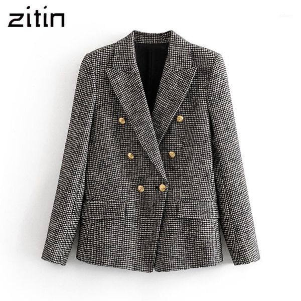 

2020 women formal houndstooth tweed blazer double breasted long sleeve pockets coats office wear casual casaco femme 1, White;black