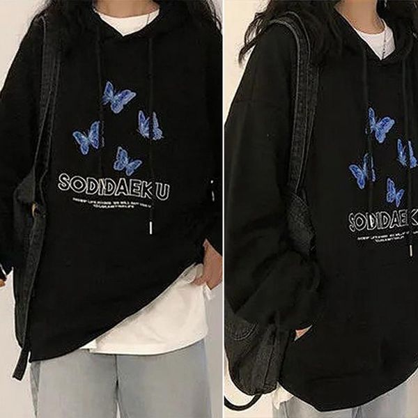

women's butterfly hooded sweater women korean style loose pullover black