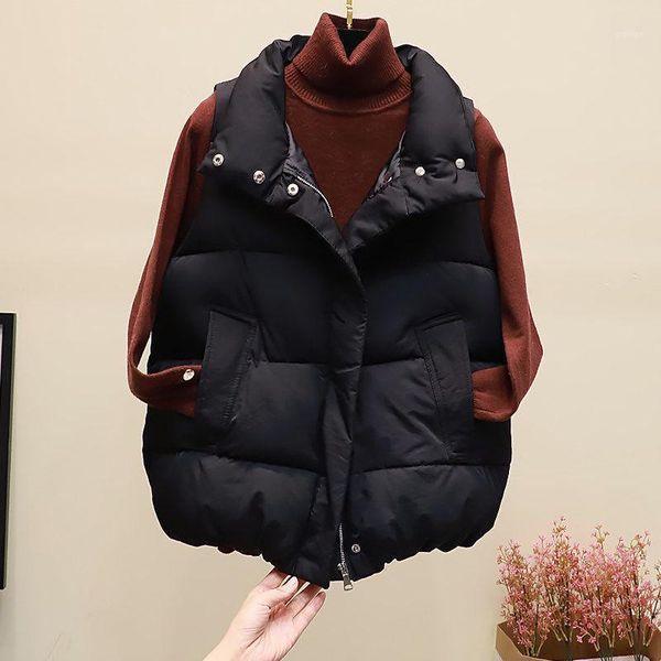 

down cotton vest women's autumn winter plus size wild zipper pockets loose bread cotton waistcoat female blouse fashion new e4361, Black;white