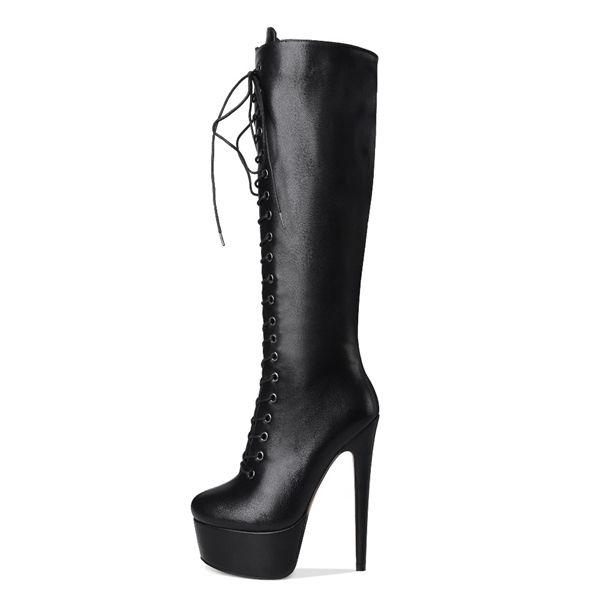 

onlymaker women's platform front lace-up heel stiletto stretch over the knee high boot y1201, Black