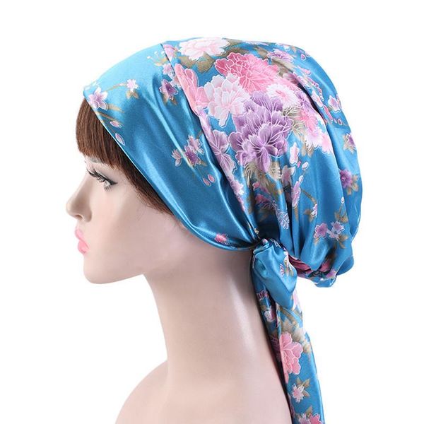 

women silk satin night sleeping cap head wrap bowknot turban pre tied fitted bandana chemo cap nightcap hair loss patients new, Blue;gray