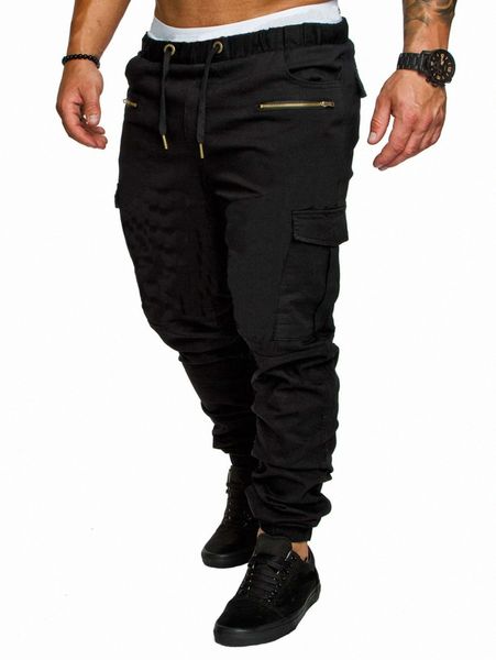 

men flap pocket side drawstring waist pants s5lq#, Black