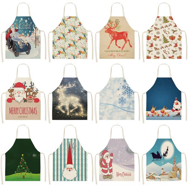 

1pcs christmas apron santa claus snowman pinafore cotton linen aprons bibs 53*65cm for home kitchen cooking baking mx0005