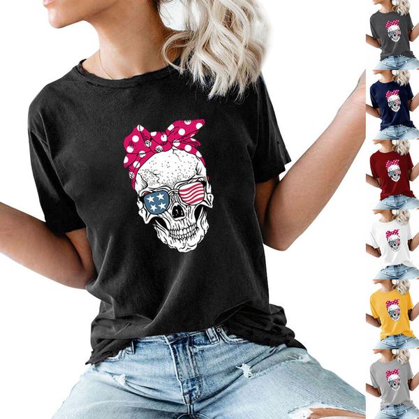 

risjc women's flag sunglasses skull printed short sleeve t-shirt, Black;brown