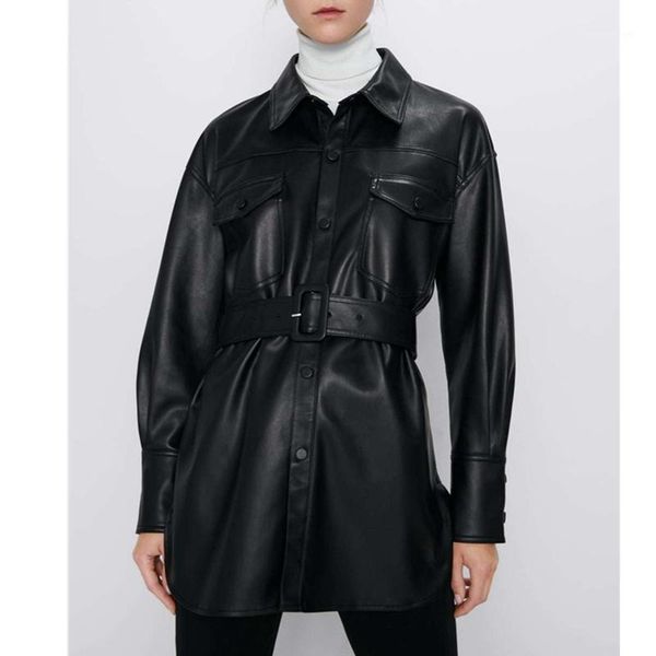 

women's leather & faux 2021 slim pu coats women fashion jackets elegant tie belt waist pockets buttons female ladies1, Black