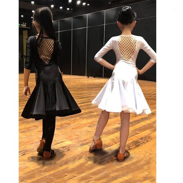 

girls latin dance practice clothing children's conjoined jazz skirt girl's short-sleeved grading performance competition1, Black;red