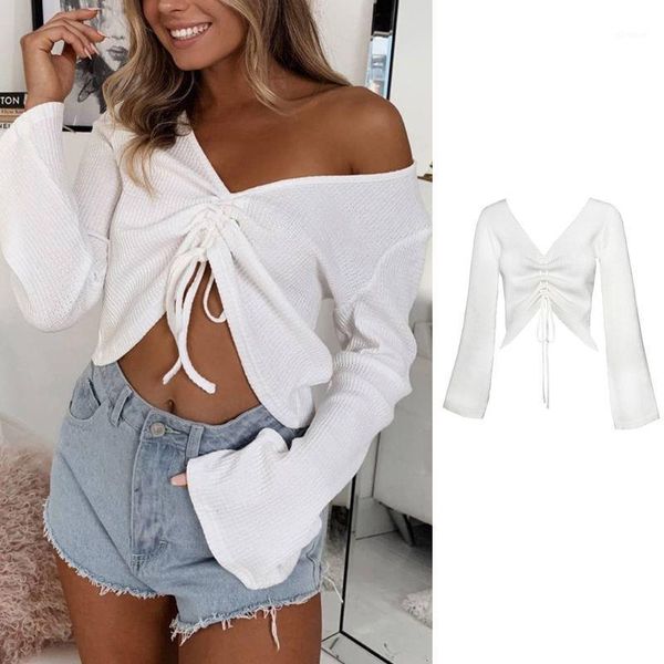 

women long sleeve ribbed knit sweater v-neck ruched drawstring jumper crop 6xda1, White;black