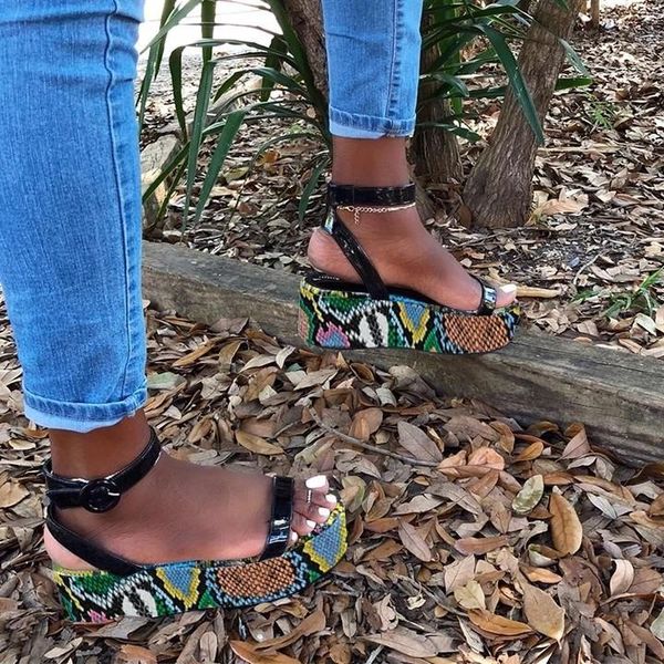 

sandals large size 35-43 women summer wedges gladiator ins snake pattern word women's shoes thick bottom roman printing, Black