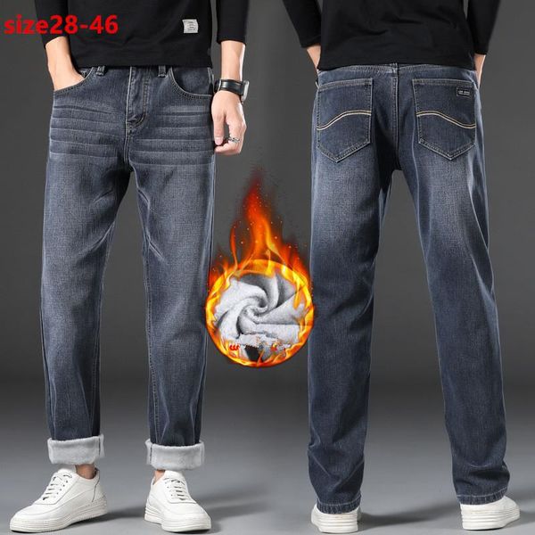 

men's jeans plus size 44 46 winter men thicken fleece warm straight denim pants male classic business casual trousers black grey, Blue