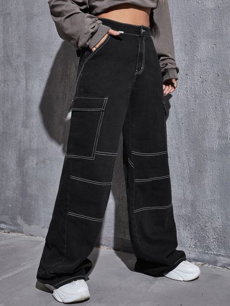 

flap pocket contrast stitch jeans 83uc#, Blue