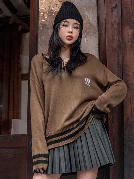 

dazy earth & letter embroidery striped trim drop shoulder sweater p10k#, White