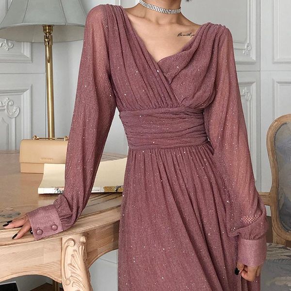 

vintage long maxi dress women spring high waist long sleeve elegant boho dress shiny party plus size sexy, Black;gray