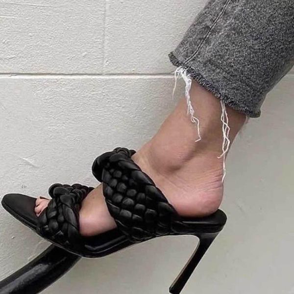 

2021 new style braided round toe high-heeled ladies high-heeled shoes multi-color shoes summer ladies party, Black