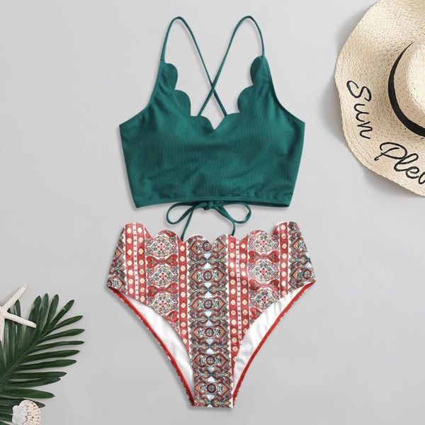 

bikinis set 2021 women lace up scalloped hem high waist vintage pint cut crisscross back two piece swimsuit swimming suit bikini set1