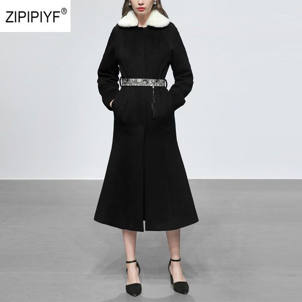 

women's wool & blends 2021 autumn winter elegant women cashmere coat fashion fish hem female turn down collar long woolen with sashes a, Black