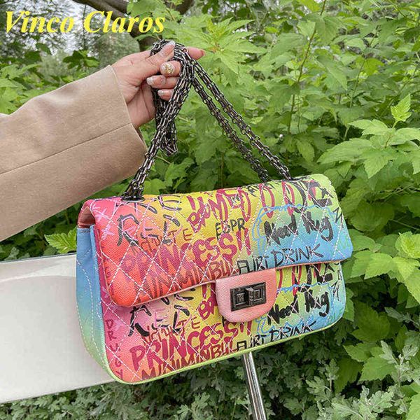 

shopping bags colorful graffiti inkjet messenger chain crossbody for women designer pu leather shoulder bag sac bolsa large clutch220307
