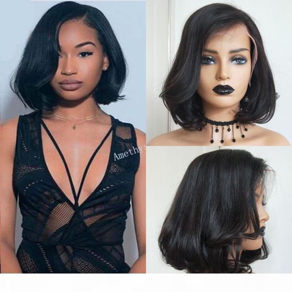 

virgin peruvian human hair full lace wig natural wave pre plucked glueless lace front wig with baby hair natural black, Black;brown