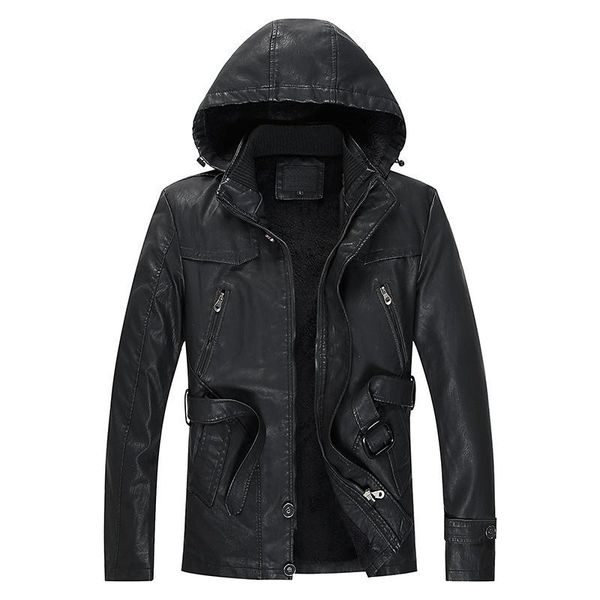 

2020 winter new thick warm hooded leather coat man, Black