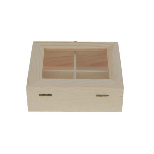 

plain unpainted wooden tool jewelry storage box glass lid 4 grids chest case, Pink;blue