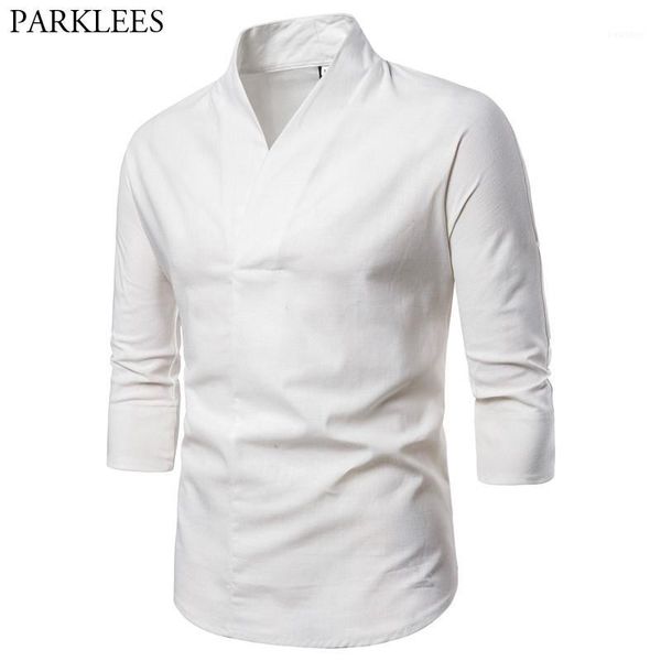 

white cotton linen casual mens shirts brand collarless 3/4 sleeve chinese style shirt men lightweight breathable blouse 4xl1, White;black