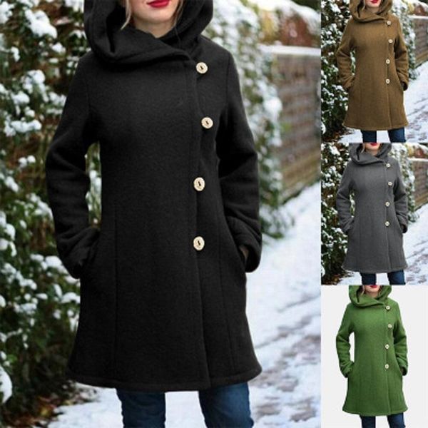 

women autumn winter long hooded coats single button coat jackets, Black