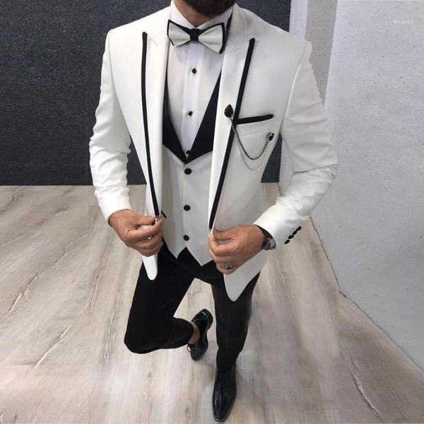 

men suits 3 pieces slim fit casual business groomsmen grey green ivory lapel tuxedos for formal wedding (blazer+pants+vest)1, White;black