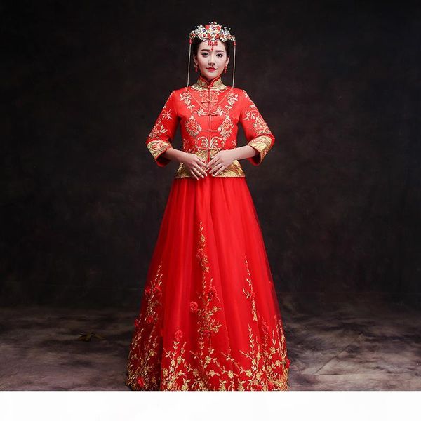 

bride wedding cheongsam red new traditional chinese wedding gowns women flower embroidery lace qipao dress robe rouge kimono