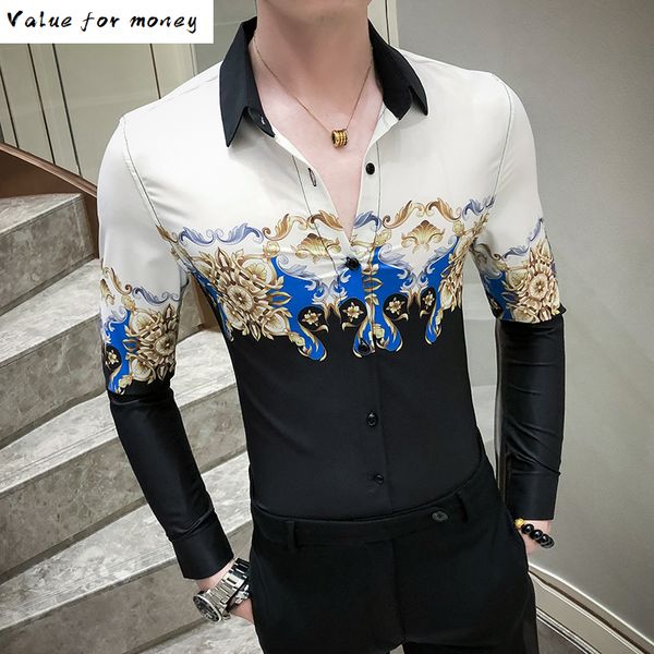 

long white black sleeve camisa masculina chemise homme social men club prom shirt kemeja pria luxury flower printing shirt men c1212