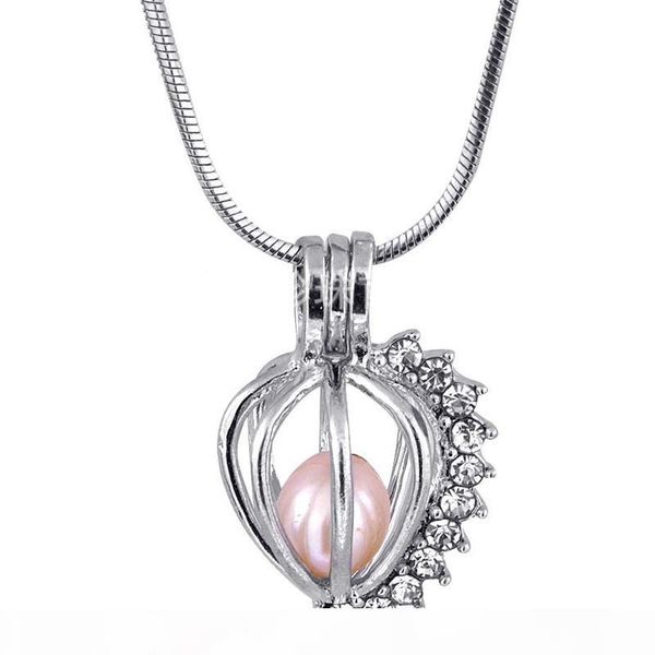 

pretty hollow heart fit crystal rhinestone pearl cage pendant oyster lockets for diy wish love pearl necklace jewelry-p, Silver