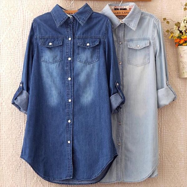 

summer female denim long shirts feminina women casual cotton jean blouse women s turn down pockets light blue, White