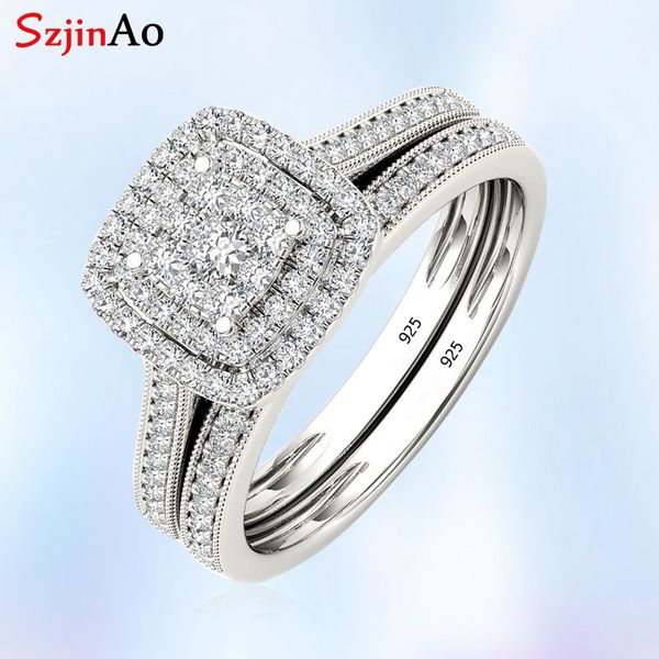 

szjinao diamond engagement ring bridal set wedding couple rings for women with paved micro lab diamond luxury platinum jewellery t200908, Golden;silver