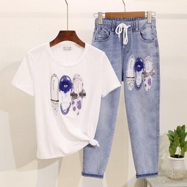 

beading diamonds print t-shirt elastic waist denim 2 piece outfits for women set short sleeve cotton tees jeans pants suit1, White