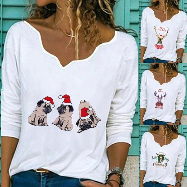 

women's blouses & shirts plus size white women christmas fashion print fall clothing long sleeve v neck clothes blusas mujer n50