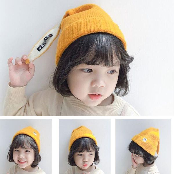 

2021 kids girl&boy baby winter warm knitted long ear beanie hat 2021 autumn hats cap, Blue;gray