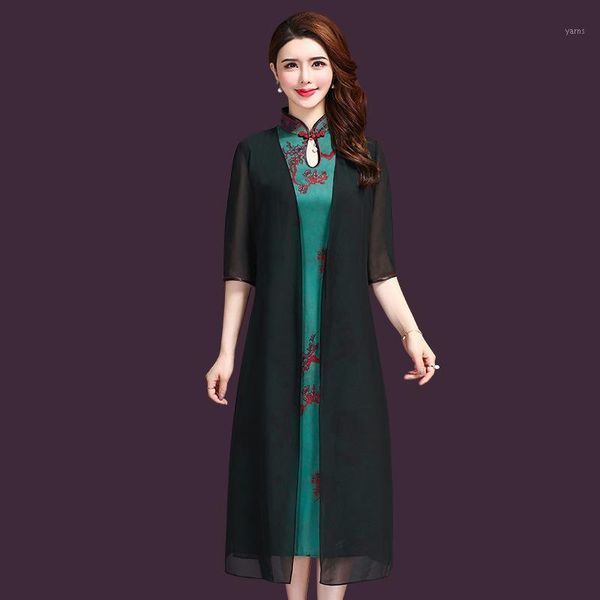 

silk dress female summer new fashion retro two-piece dignified improved cheongsam dress large size l-5xl vestidos1, White;black