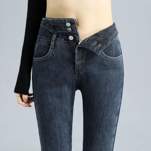 

plus velvet thick jeans women fashionable stretch high-waisted women's pencil pants casual plus size slim trousers, Blue