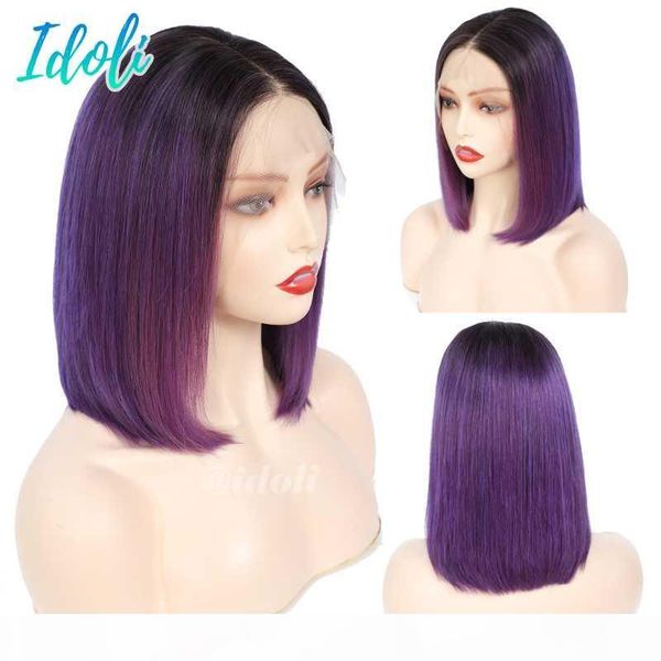 

brazilian straight human hair lace frontal wig colored purple wig bob lace front wigs in ombre color purple hair idoli, Black;brown