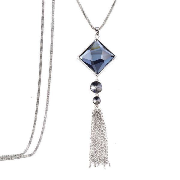 

tassel new sweater style square crystal chain long necklace for women, Silver