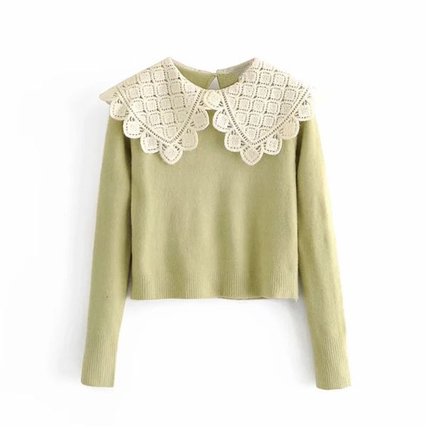 

2021 new fall green cropped knitted sweater women contrast lace patchwork long sleeve cute sweaters woman jerseys pullover u3hg, White;black