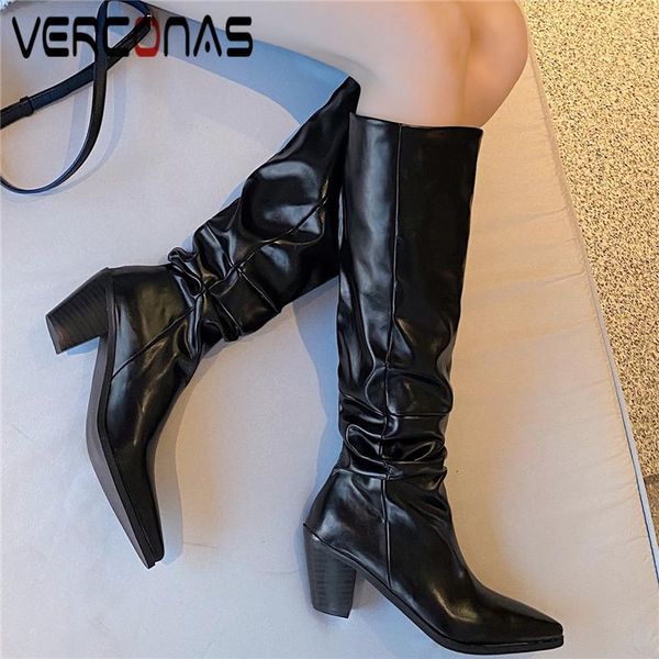 

boots verconas genuine leather women knee-high pointed toe thick heels shoes woman pleated western long autumn winter, Black