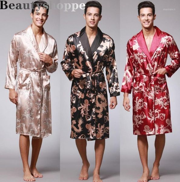 

spring autumn men's bathrobes printed male pajamas full sleeves nightwear sleepwear satin silk robe pyjama belt men robe1, Black;brown