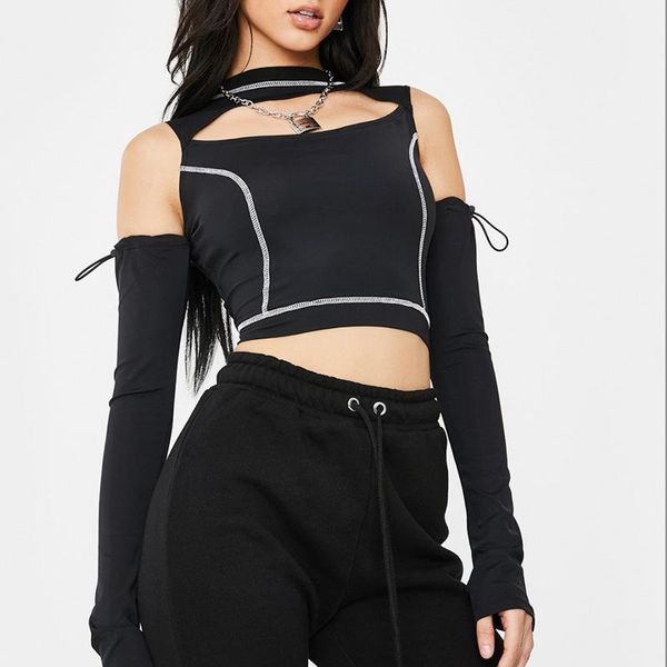 

women's t-shirt nclagen 2021 hollow out long sleeve t shirt slim fitness navel bare cropped women bodycon gothic fashion mujer ropa, White