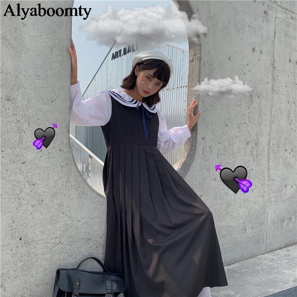 

japanese preppy style women 2 pcs long dress sailor collar high waist streetwear vestidos longo vintage fall pleated black dress1, Black;gray