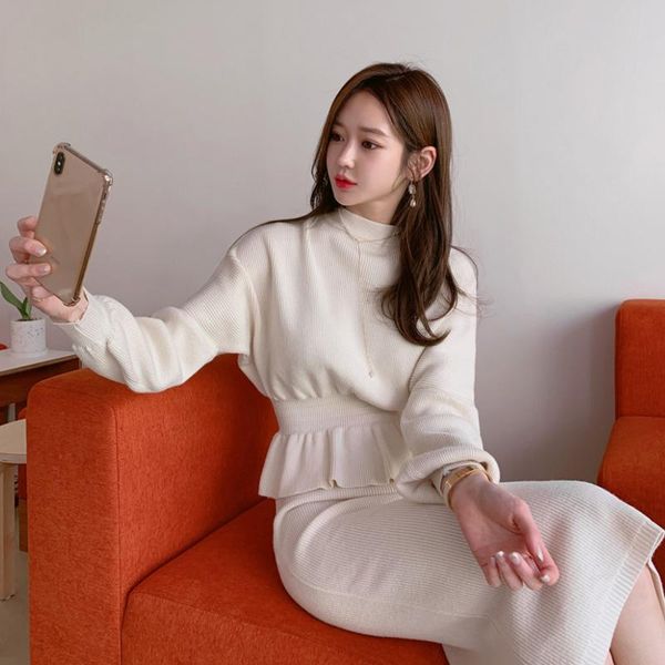 

2020 autumn winter cashmere sweater korean version of the sweater women's knitted two-piece suit bag hip skir, Gray