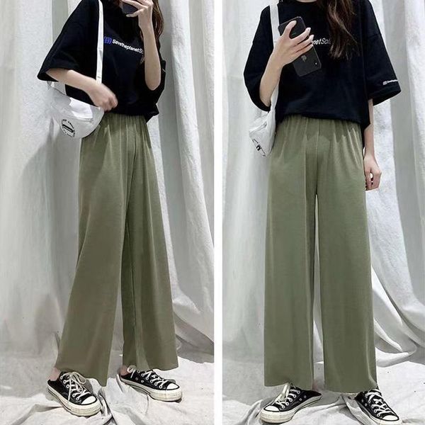 

ice silk wide leg pants women casual fashion summer 2020 high waist stripe female trousers joker modal breathable ladies pant, Black;white