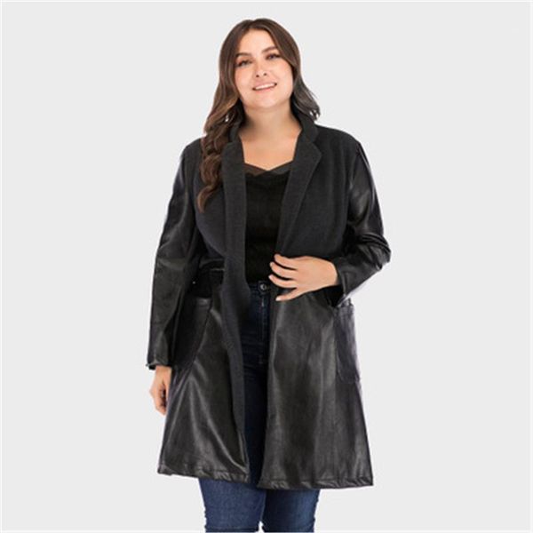 

2020 new autumn and winter fake leather women fashion pu solid color stitching cardigan pocket slim loose plus size jacket cozy1, Black