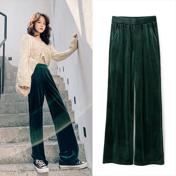 

fashion women high waist wide leg pants 2019 autumn winter new casual pleuche long trousers loose elastic band solid pants femme, Black;white