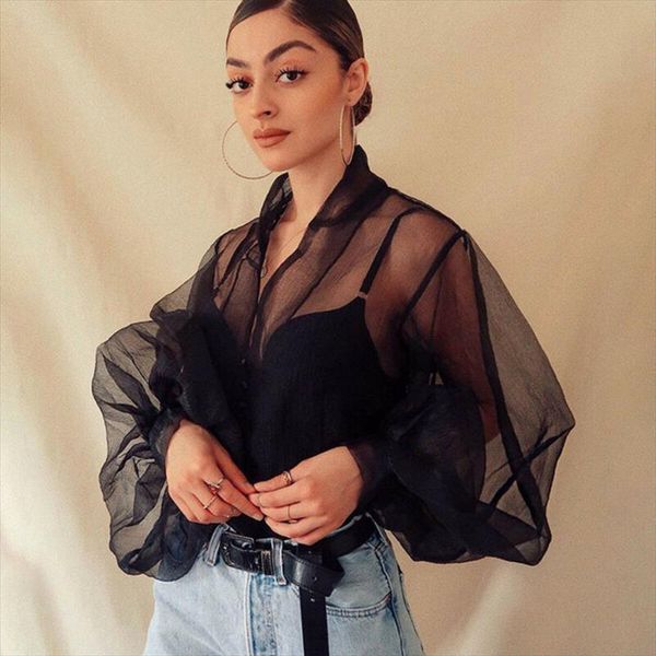 

2019 new fashion autumn womens perspective bubble sleeve v neck button gauze blouses ladies elegant mesh shirt blusas, White