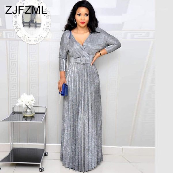 

colorful bronzing elegant pleated dress women shiny deepv neck long sleeve floor-length dress vintage high waist sash maxi1, Black;gray
