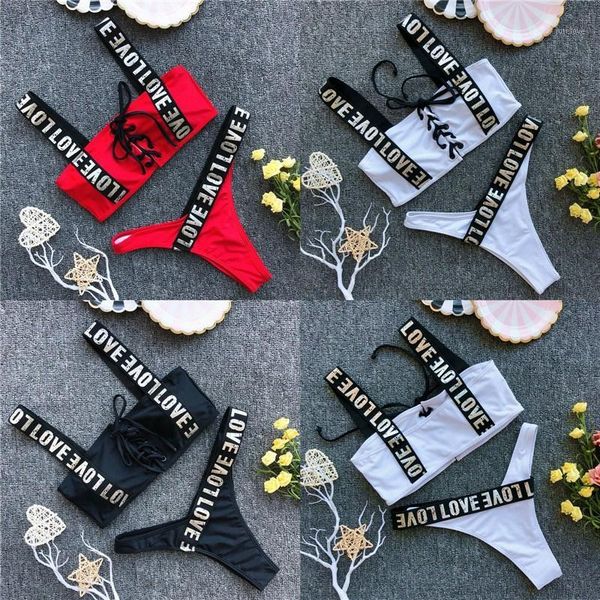 

ztvitality swimwear women letter straps patchwork across bandage bikini 2020 new arrival beachwear low waist swimsuit s-l1, White;black